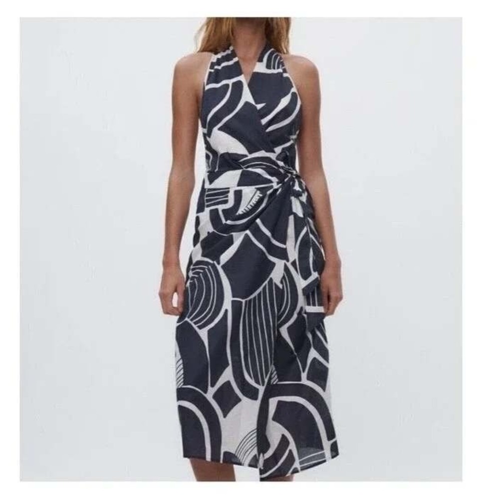 Zara Geometric Abstract‎ Print Halter Maxi Dress Navy White Boho Wrap Summer S
